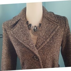 DKNY Wool Tweed trench style coat with tie